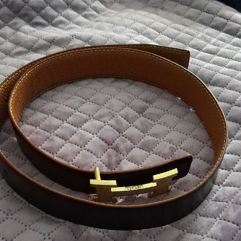 Hermes Rich Brown Leather Belt with Gold-Tone Buckle